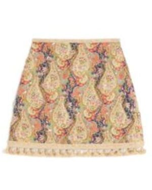 Valentino Embroidered Short Skirt On Piquet With Paisley Voyage Imaginaire Print - Natural