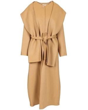 P.A.R.O.S.H. P.A.R.O..H. Scarf Detailed Belted Crewneck Coat - Natural