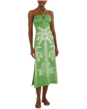 FARM Rio Palm-Tree Embroidery Midi Dress - Green
