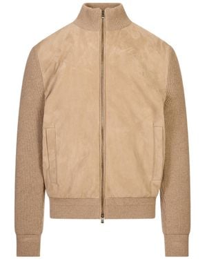 Agnona Suede-Panelled Ribbed-Knit Jacket - Natural