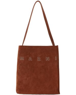 Marni Small Museo Logo-Embroidered Leather Shoulder Bag - Brown