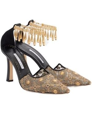 Manolo Blahnik Leather-Trimmed Lace Pumps - Metallic