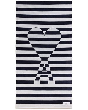 Ami Paris Ami De Coeur Logo Patch Striped Beach Towel - Blue