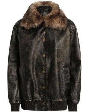 Dolce & Gabbana Shearling-Trimmed Leather Bomber Jacket - Black
