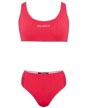 Balmain Logo Crop Bikini Set - Red