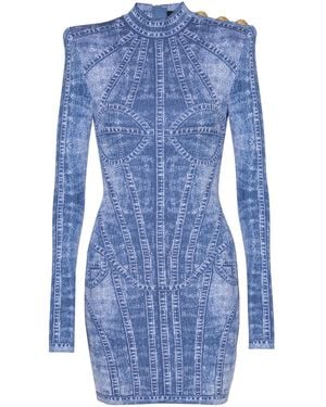 Balmain Jacquard Denim-Effect Mini Dress - Blue