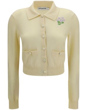 Self-Portrait Floral Embroidered Collar Cardigan - Yellow
