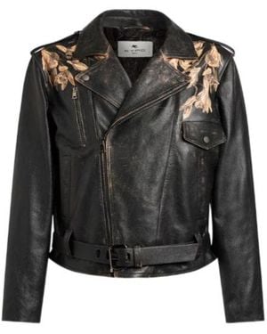 Etro Leather Biker Jacket With Placed Leopard Print - Black