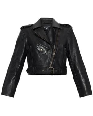Balmain Collared Long-Sleeved Leather Jacket - Black