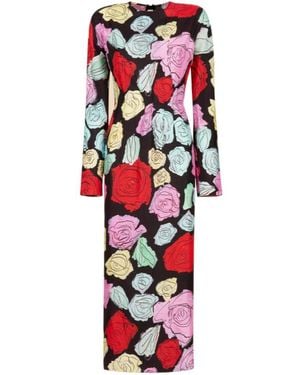 Marni Floral-Printed Long-Sleeved Crewneck Dress - Red