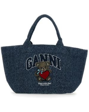 Ganni Bear Denim Medium Tote Bag - Blue