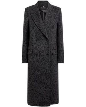 Etro Double-Breasted Wool Jacquard Coat With Paisley Motif - Black