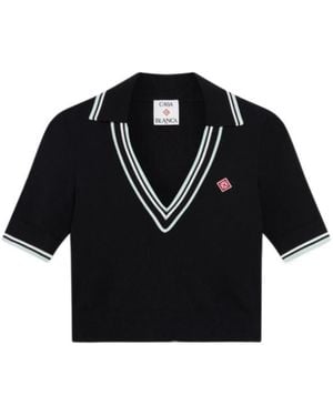 CASABLANCA V-Neck Cropped Polo Shirt - Black