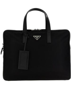 Prada Triangular Logo Plaque Briefcase - Black