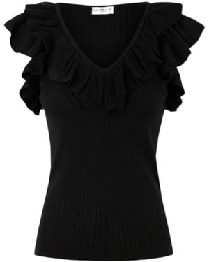 Marella Ruffled Fine Rib Knit T-Shirt - Black