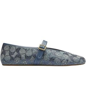 COACH Mary Jane Crystal-Embellished Buckle-Strap Ballet Flats - Blue
