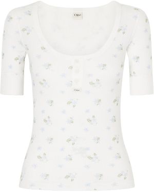 Chloé Floral-Print Waffle-Knit Cotton-Jersey T-Shirt - White