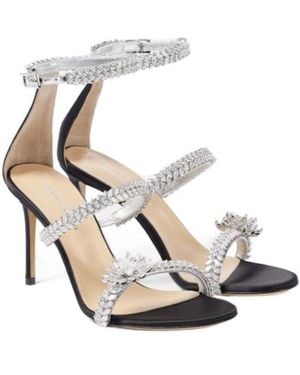 Mach & Mach Crystal Flower Embellished Satin Sandals - White