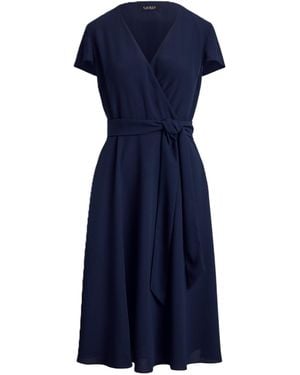 Ralph Lauren Georgette Surplice V-Neck Short Sleeve Belted Midi Dress - Blue