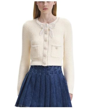Self-Portrait Faux Pearl-Embellished Cropped Cardigan - Blue