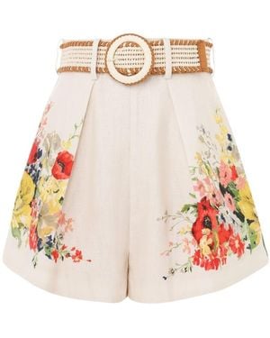 Zimmermann Alight Floral Printed Belted Tuck Shors - Natural
