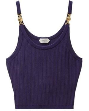 Versace Stretch Viscose Mesh Ribbed Knit Top - Blue
