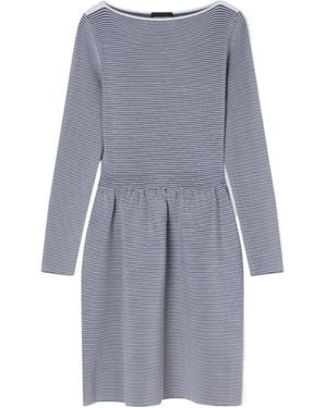 Emporio Armani Long-Sleeved Boat Neck Pinstripe Waist-Cinching Dress - Grey