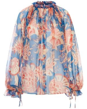 Etro Floral Printed Ruffled-Trim Blouse - Natural