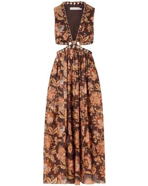 Zimmermann Aster Cut-Out Printed Cotton Midi Dress - Brown