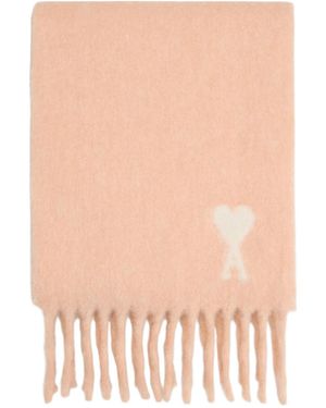 Ami Paris Logo Detailed Fringed-Hem Scarf - Pink