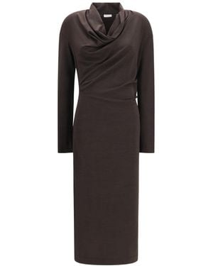 Brunello Cucinelli Techno Wool Jersey Draped Dress With Monili - Black