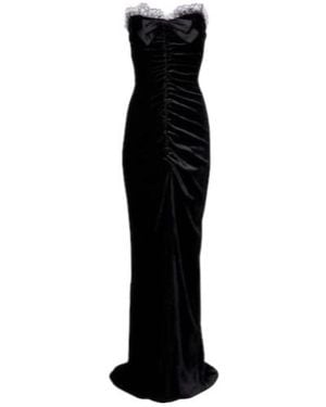 Alessandra Rich Bow-Decorated Pleated Silk-Trimmed Velvet Dress - Black