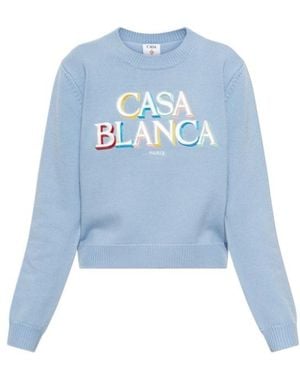 CASABLANCA Logo Embroidered Cropped Knit Sweater - Blue