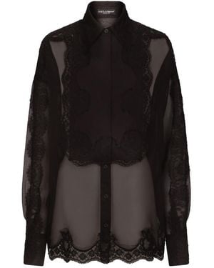 Dolce & Gabbana Floral Lace-Detailed Semi-Sheer Buttoned Shirt - Black