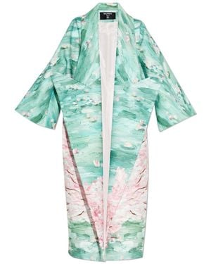 Balmain Floral Motif Printed Long Coat - Blue