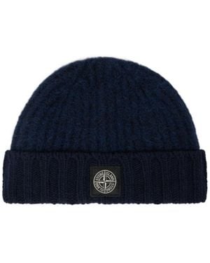 Stone Island Logo Patch Turn-Up Beanie - Blue