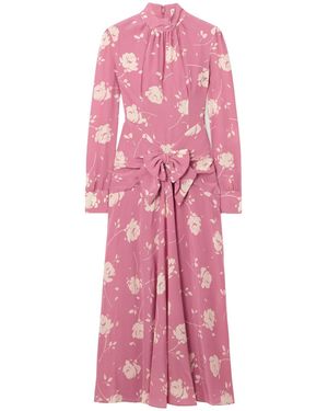 Alessandra Rich Rose-Print Belted Midi Dress - Pink