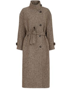 Brunello Cucinelli Sparkling Virgin Wool Chevron Belted Coat With Monili - Brown