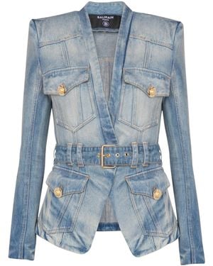 Balmain 1-Button Belted Denim Jacket - Blue