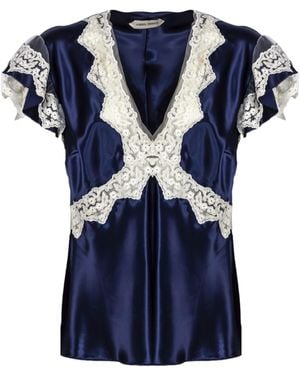 Alberta Ferretti Lace Trim V-Neck Top - Blue