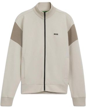 BOSS Zippered Cotton-Blend Sweatshirt With Contrast Inserts - Gray