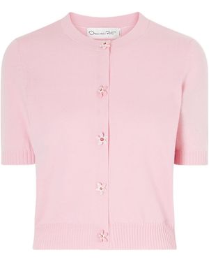 Oscar de la Renta Cropped Floral-Embellished Cashmere Cardigan - Pink