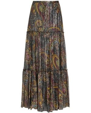 Etro Printed Tiered Metallic Silk Midi Skirt - Multicolor