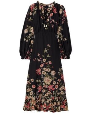 Sea Ruffled Floral Print Midi Dress - Black