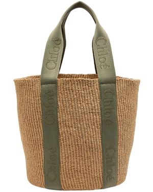 Chloé Woody Logo-Embroidered Raffia Basket Bag - Metallic