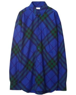 Burberry Vintage-Check Patterned Button-Up Cotton Shirt - Blue