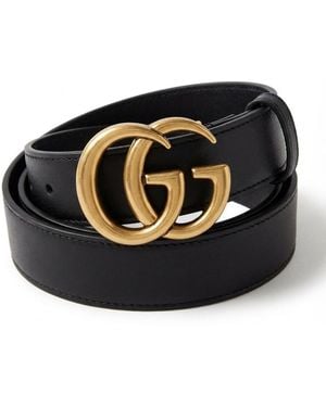 Gucci Gg Marmont Thin Leather Belt With Shiny Buckle - Black