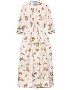 Prada Long Printed Linen Dress - Natural