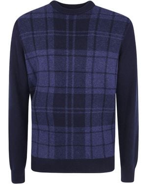 Barbour Plaid Panel Crew Neck Knit Sweater - Blue
