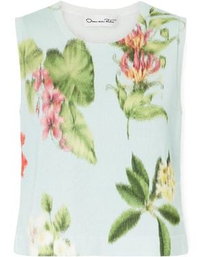 Oscar de la Renta Floral-Print Cotton-Blend Knitted Tank - Green